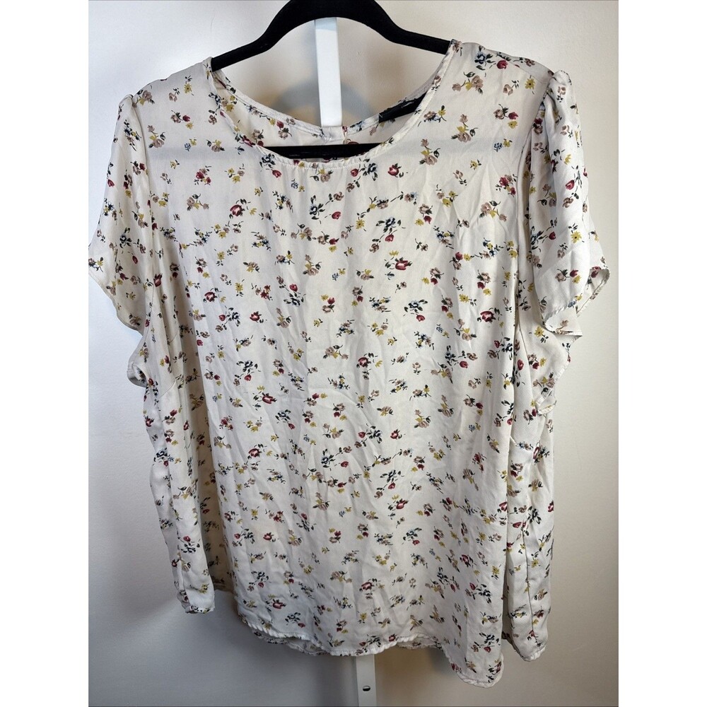 Premise Woman Floral Cream/red/yellow Print Short Tulip Sleeves Sz 1X Button Bac
